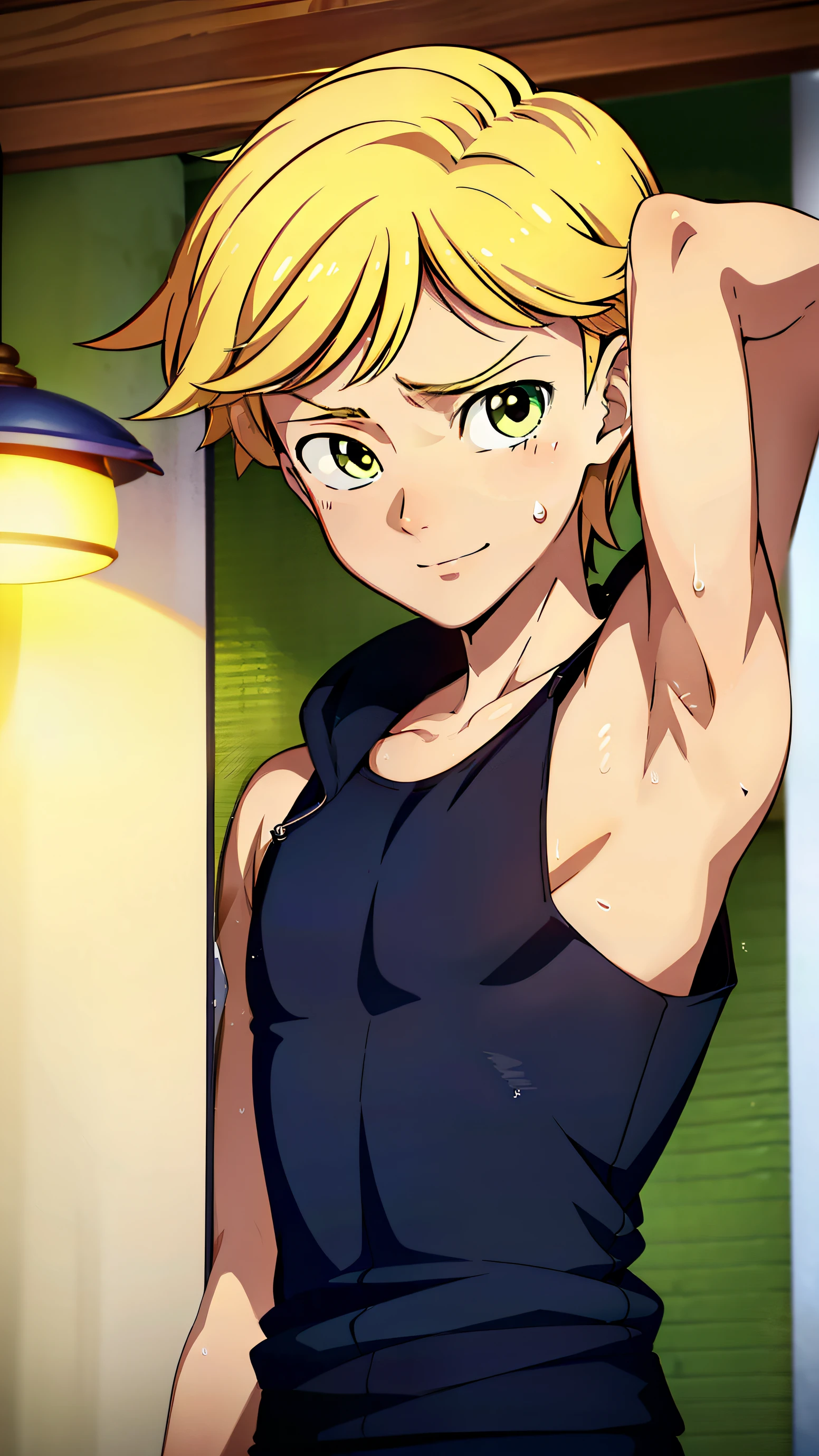 highres,Masterpiece， Best quality at best,Best Quality,hight quality, hight detailed, realistic, photorealistic, Anime style, 1boy,  Boy, Adrien, indoor, Cheerful boy, Sleeveless hoodie, Blonde, (Showing armpit:1.3), Sweat, boy focus, Simple beckground