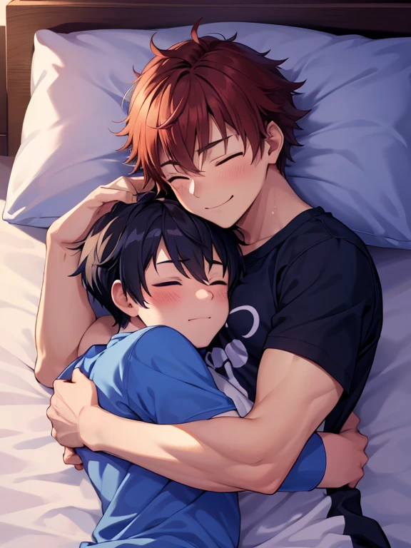 2 boy,hug,face to face,(arm pillow),18 years old,Sleep well,Plain t-shirts,smile,(close eyes:1.2),blush,lie in bed,Masterpiece,Top Quality,High quality,Ultra detailed,insanely detailed,beautiful