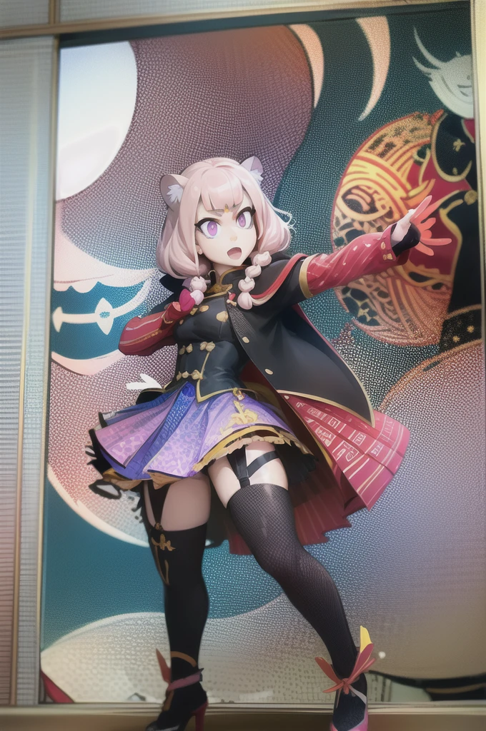 tiger ears, tiger tails, martial art, medium chest, pink hair, skirt, jacket, godess,1girl,coat,standing,, solo focus.1character,,refsheet, character focus, 1character,fangs, cloused mouth,pink hair, green eyes, chinese dress, tomboy,shoes, full body, martial pose karate, kemono mimi, solo focus,