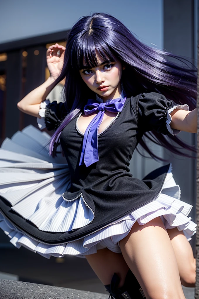 (1 lady), (Best quality at best:1.4), (ultra - detailed), (extremely detailed CG unified 16k), A Beautiful Woman with Perfect Figure: 1.4, Sharp Focus: 1.2, purple hair, very detailed, High-definition RAW color photo, professional photoshooting, amazing face and eyes, cosmetics, (amazingly beautiful girl), ((frederica bernkastel)), ((exact clothes: dress, bowtie, mary janes, socks, cat tail, tail bow, tail ornament)), levitating in a cute posture, (floating in space), (She's levitating in a cosmic sea, outer space:1.3, quantum hyperspace room lacking walls, hyperspace chamber, extremely detailed background, a lot of details background, realistic background), (look from above), realistic cinematic face, head to feet long wide zoomed out view, full body long view, photorealistic, ((realistic natural purple hair style, purple eyes)), gorgeous, extremely beautiful face, perfect model beauty, pout mouth, Highly Detailed Face and Skin Texture, Detailed Eyes, Double Eyelids, Big Breasts, Expressionless, (masterpiece), best quality, high resolution, extremely detailed, cinematic lighting, amazing legs, high heels, clear and well-cared skin, pale skin