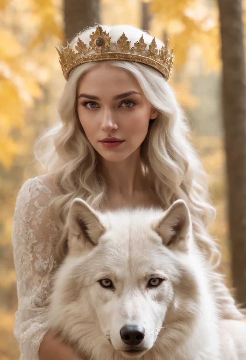Masterpiece, A beautiful queen, crowned with gold and diamonds sits in the forest in autumn, accompanied by a large white wolf, on the edge of a clear and very beautiful river, faded colors, high definition at 4k resolution, sharp focus, with very detailed facial features and realistic visual style, high detail face, high detail skin, high resolution, photo-realistic, cinematic lighting, depth of field, bokeh