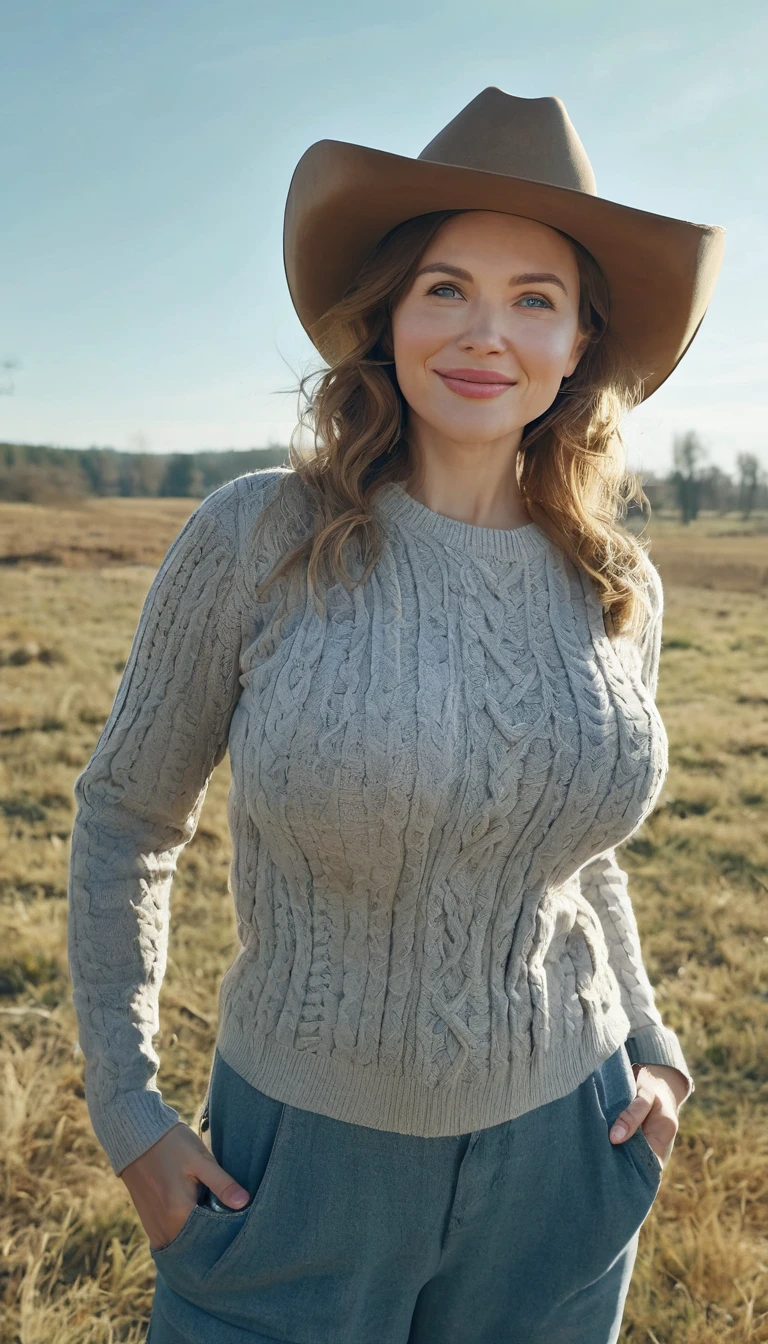 (RAW style, masterpiece, best quality, ultra-detailed), 35 year old woman posing outdoors, rural landscape, wearing cowboy hat, grey cable knitted sweater, medium-sized breasts, cheerful, happy (smiling), clear sky, analog style, (skin texture, film grain), cinematic light, sidelighting, ultra high res