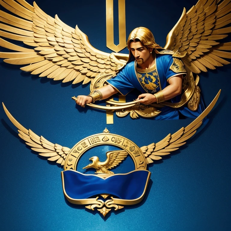Escudo de una ala de angel estilo griego fondo azul y dorado