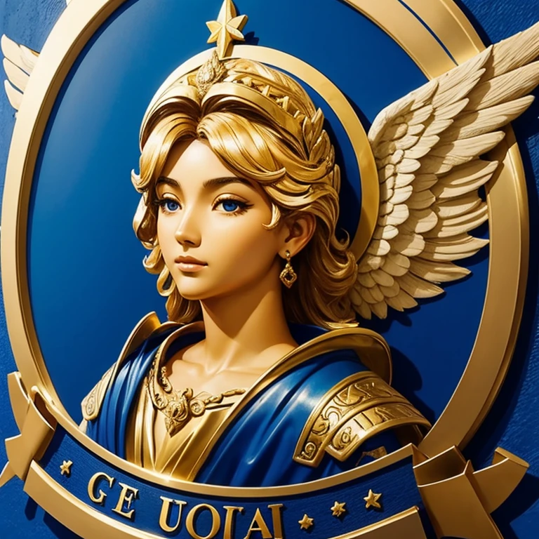 Escudo de una ala de angel estilo griego fondo azul y dorado