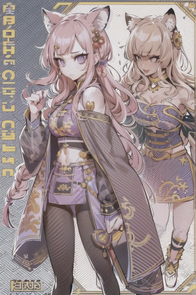 tiger ears, tiger tails, martial art, medium chest, pink hair, skirt, jacket, godess,1girl,coat,standing,, solo focus.1character,,refsheet, character focus, 1character,fangs, cloused mouth,pink hair, green eyes, chinese dress, tomboy,shoes, full body, martial pose karate, kemono mimi, solo focus,