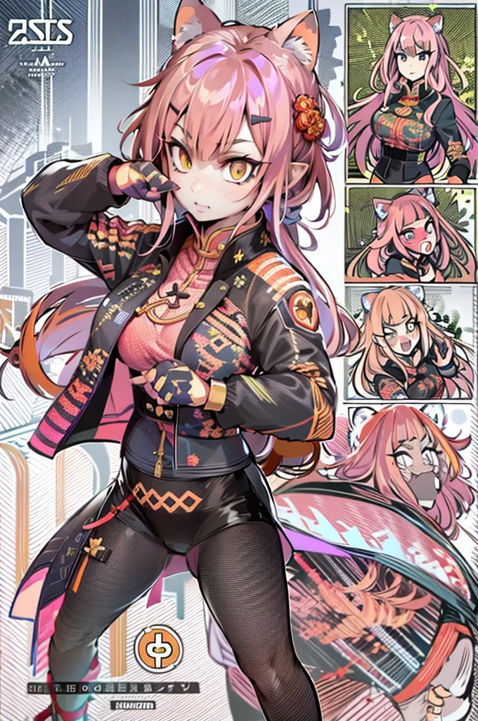 tiger ears, tiger tails, martial art, medium chest, pink hair, skirt, jacket, godess,1girl,coat,standing,, solo focus.1character,,refsheet, character focus, 1character,fangs, cloused mouth,pink hair, green eyes, chinese dress, tomboy,shoes, full body, martial pose karate, kemono mimi, solo focus,