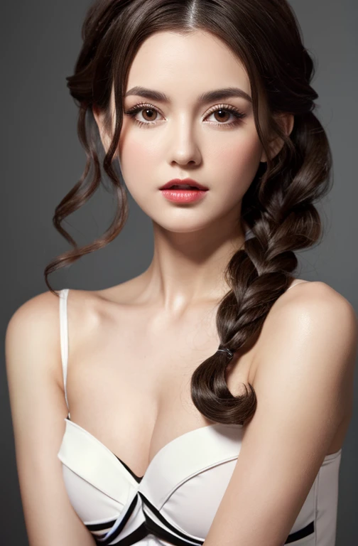 Her dark brown hair is neatly curled in a half-up style and tied up with a net with a ribbon. Big black eyes. White skin and pale lips.
Bust is large
naked