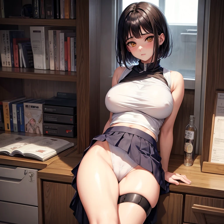 (masterpiece), anime, Best quality, good anatomy, one girl, Hinata Hyuga, Naruto, costs, Big breasts, realistic face, gloomy face, dark hair, short haircut, chölka, white eyes, Naked, skirt, elastic legs, office