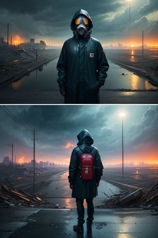((best quality)), ((masterpiece)), (detailed), 1 male, hoodie, black rain coat, gas mask, rainy, cinematic, abandoned city, destruction city, dissapear, black rainy, light blue eyes, standing, dslr, hyperrealistic, 8k, hdr, top pov, movie scene, movie, after nuclear,