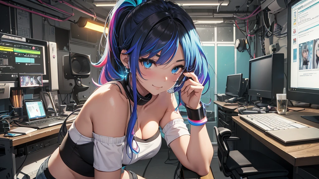 highest quality, Best image quality, girl, 20 years old, medium bust, plump breasts, sparkling amber eyes, aqua eyes, eye reflection, long upper lashes, (((rainbow hair))), long messy hair, Wavy, Top ponytail, ((Black  sexy strapless short tube top)), (white denim hot pants), ((Black thigh socks)), Smile, glowing headphones, Diamond earrings, wristband, necklace, ring, ((squat on the chair)), in front of a computer, Playing video games, Leaning forward, Open one shoulder, elated, naughty face, Look at the computer, light blush, beautiful art, background((Hacker Room, Server room, neon lights, braces, notebook)), flight, Debris flying, writing border depth, Movie, visual art, Perfect art, real, Verism, anime style, glowing light, cinematic lighting, chiaroscuro, ray tracing, 8K, masterpiece, super textured skin, super detail face, perfect face, Super fine facial details, beautiful and delicate eyes, perfect eyes, correct limbs, correct figner, super detail figner, best hair quality, best clothing quality, best prop quality