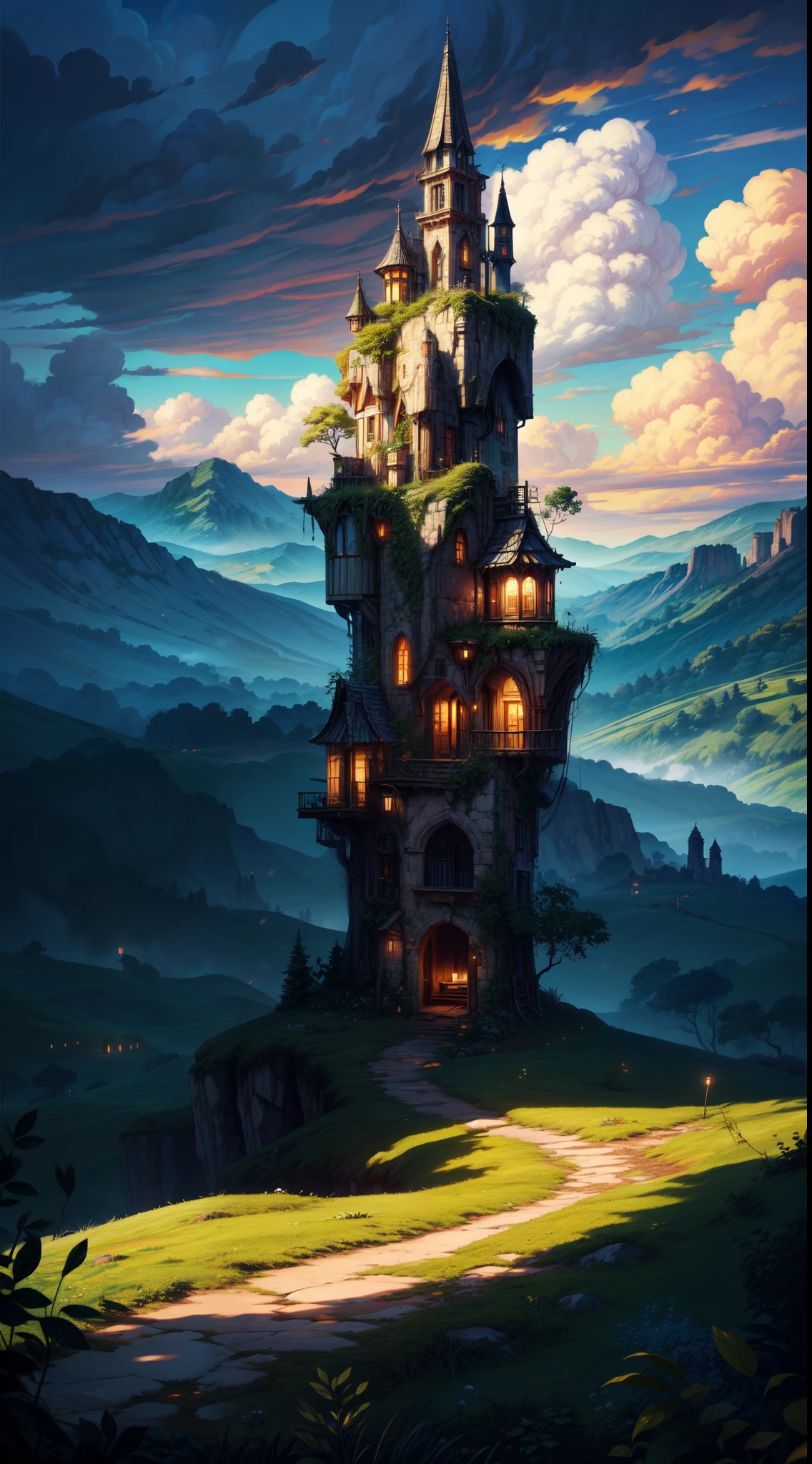 wide view, fantasy landscape, a colony on a giant cliff in the air, deep mystical valley, clouds in the valley, moody weather, green and blue tones, daylight, shadow, shade, light shine on part of foliage, micro landscape, day time, shade of shed, intrinsic details