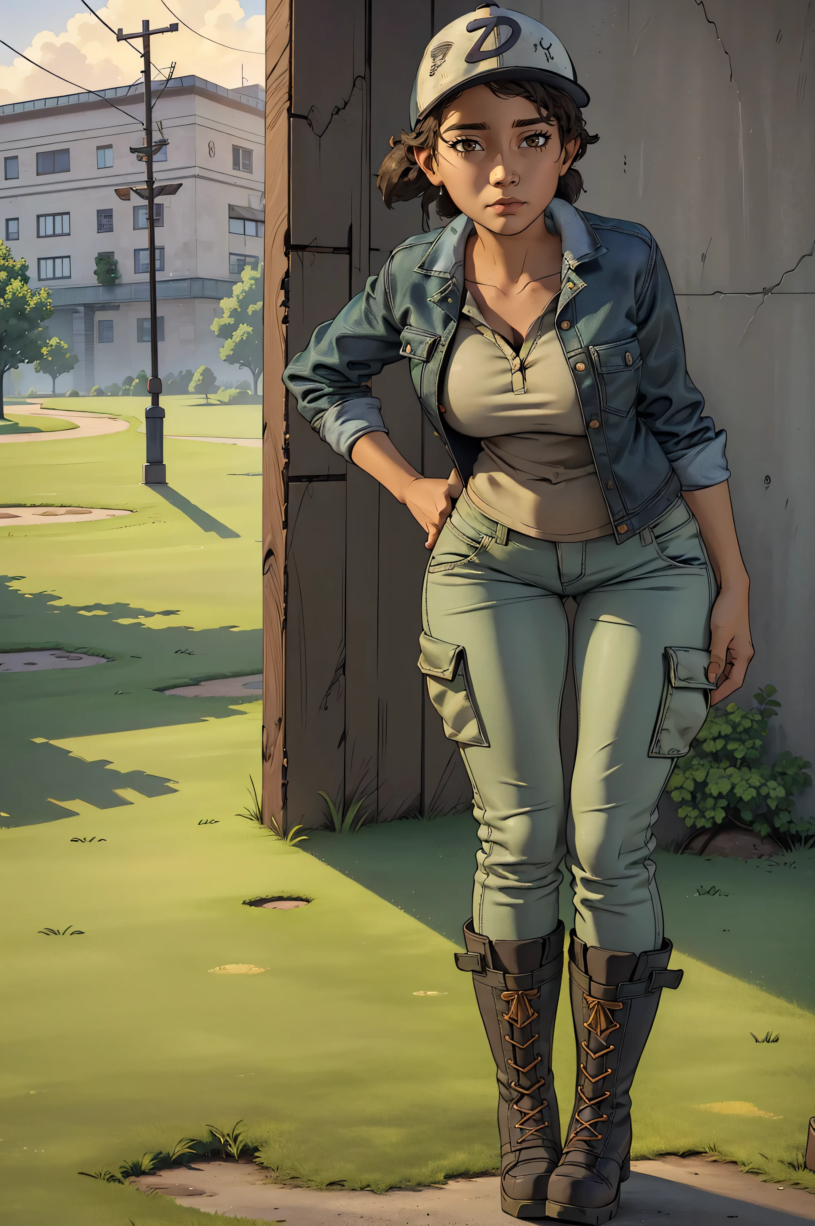 ((masterpiece, best quality)),(complex lighting) ,solo,(((1girl))) ,clementine, light skin,light-skinned female, baseball cap, green cargo pants, brown eyes, tight pants, combat boots, shirt, short hair, one short ponytail, open denim jacket, huge butt, thicc butt , (((8k))), (((full body))), (((bent over))), (((looking at the viewer))), (((view from in front of her))), big breasts