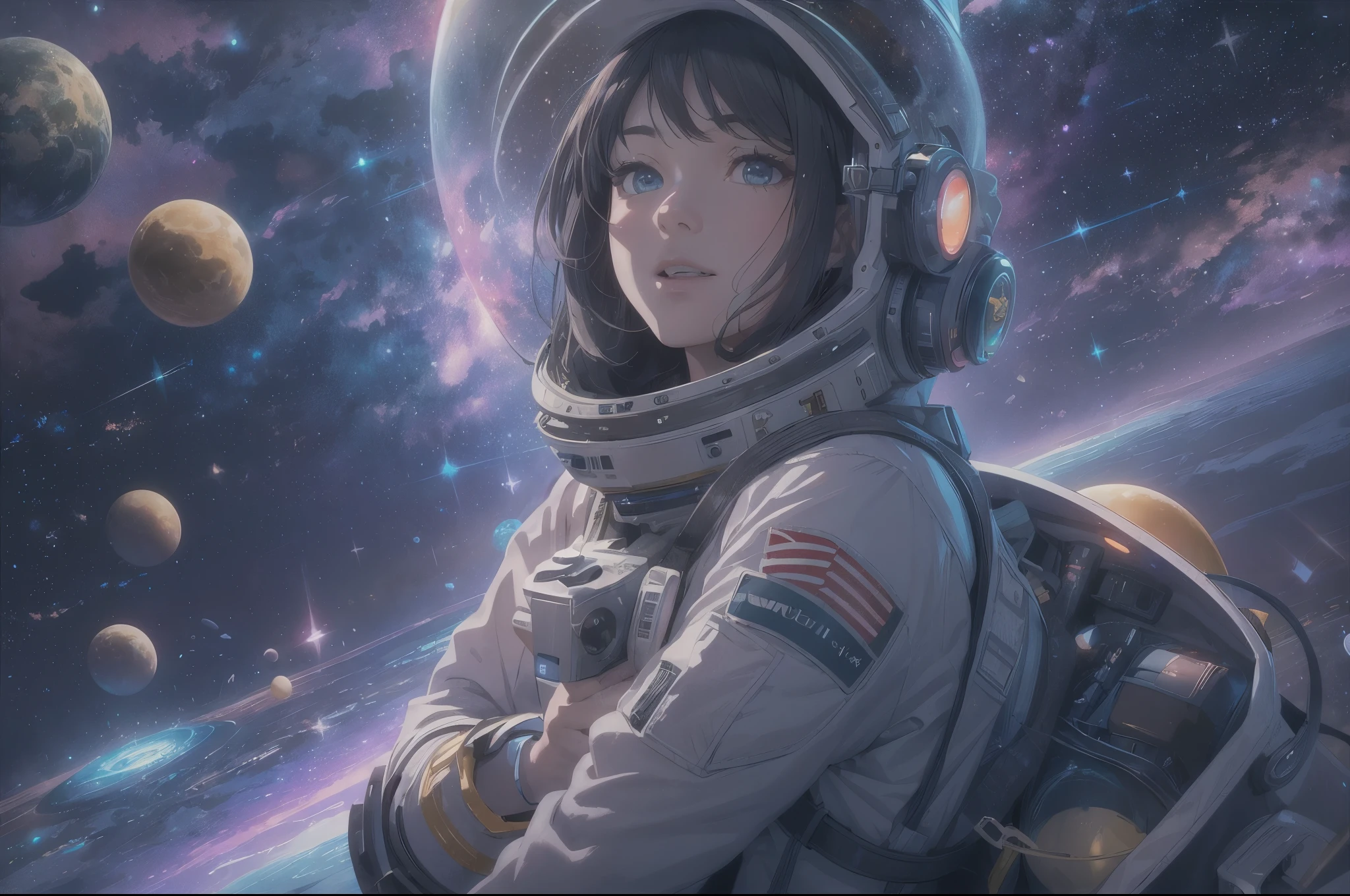 (best quality,4k,8k,highres,masterpiece:1.2),ultra-detailed,(realistic,photorealistic,photo-realistic:1.37),girl anime astronaut,traveling through the universe,planets,galaxies,neon,outer space,space exploration,nebulae,astronaut suit,visually stunning,otherworldly,cosmic adventure,vibrant colors,deep space,star clusters,stellar formations,majestic,zero gravity,distant galaxies,cosmic dust,pulsing lights,interstellar travel,spectral hues,light-year journey,galactic explorer,enchanting backdrop,luminous atmosphere,extraterrestrial landscapes,interplanetary expedition,exploring the unknown,astronomical wonders,dark matter,cosmic mysteries,celestial wonders,spacecraft,cosmic voyager,sparkling stars,dazzling phenomenon,universe's secrets,galactic spectacleincredible universe,limitless possibilities,cosmic beauty