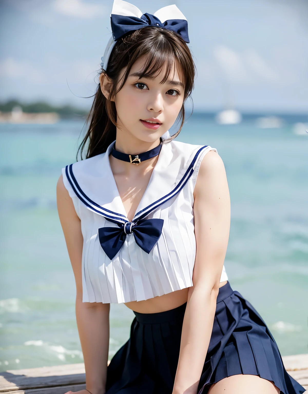 NSFW, 16k raw photos, highest quality, masterpiece, ultra high resolution, film grain, ((She is wearing (a high school sailor uniform).
(navy sailor collar:1.4),(white shirt:1.4),(navy pleats skirt:1.4),(navy bow:1.4))).film, 1 girl, look at the audience, Natural skin texture very heavy chest))),Realistic eye and face details, full lips, lipstick makeup), red eyeshadow, Fluffy ponytail hair, messy hair, A sloppy smile, beautiful legs, tall woman, skinny, slim_Legs, solo, huge breasts, cleavage, butt, shirt,, around the flower position, (detailed background,skimpy white shirt, huge breasts, cleavage, blurred background, plaid,, ((JK with a silver ribbon wrapped around her neck))),big JK ribbon, brown hair, bracelet, water, bangs, jewelry, parted lips,, Depth of bounds written、Underarm pussy、beautiful sea、water color striped pattern、beautiful sandy beach、