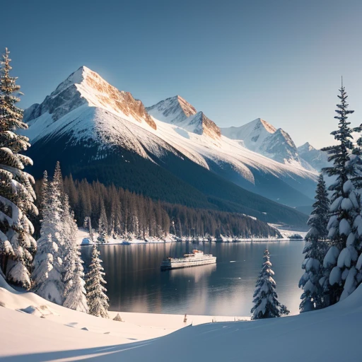 summer first snow sinking broken aircraft carrier on the shore of the bay coniferous forest snowy peaks many small details filigree professional photo HDR hyper detail realistic CGI high resolution quality precision clarity sharpness natural f/16 1/250s also 100mm 64К