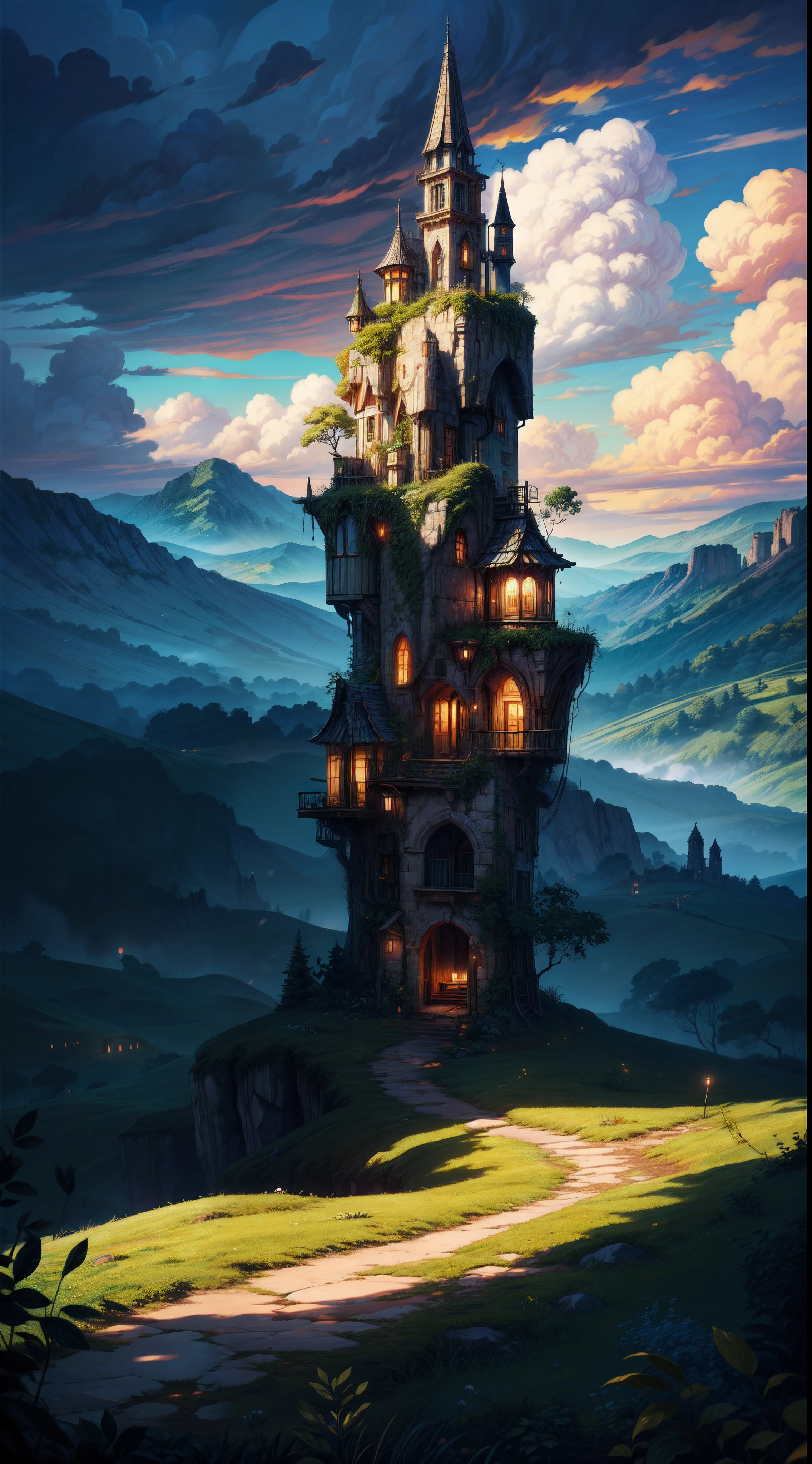 wide view, fantasy landscape, a colony on a giant cliff in the air, deep mystical valley, clouds in the valley, moody weather, green and blue tones, daylight, shadow, shade, light shine on part of foliage, micro landscape, day time, shade of shed, intrinsic details