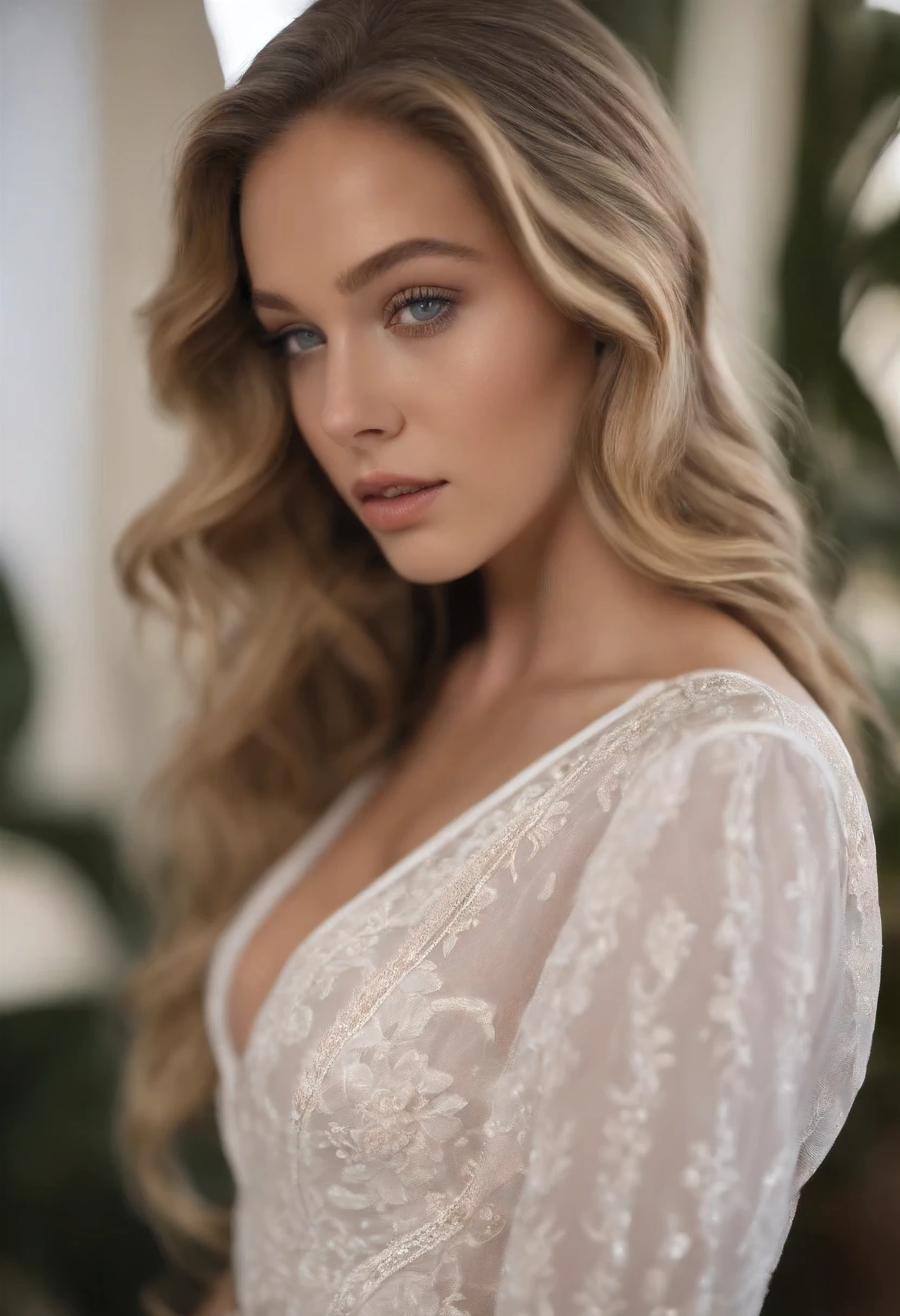 women with ester exposito face , sydney sweeney body , chambre , photo qui sarrete aux hanches , maquillage naturel, regarder la camera , robe moulante, fille sexy, meticulously detailed, visage avec artgram, maquillage subtil, ultra realistic, beau seins, belles fesses