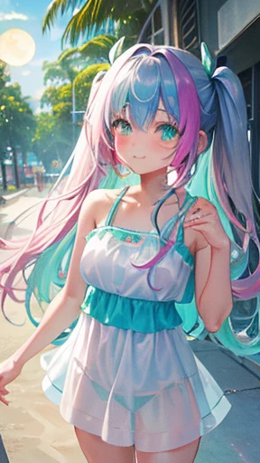 thick thighs、(rainbow colored hair, colorful hair, half silver、half pink hair: 1.2), ,long hair、(Cinematic digital artwork: 1.3), high quality, table top, Turquoise eyes、最high qualityの, Super detailed, figure, [4K digital art]!!、 Kyoto animation style, one woman, clavicleの美しさ, clavicle, light, want, , positive, Dead leaves dance、（Ocean、sandy beach）、full moon、On a tree-lined street、taking a walk、((green、trendy clothes))、（（white、chest is visible、see-through one-piece swimsuit、Polka dot unset, motivation, shine, dynamic perspective、Blue glasses、green色リボン、twin tails、embarrassed face、cute face、happy face