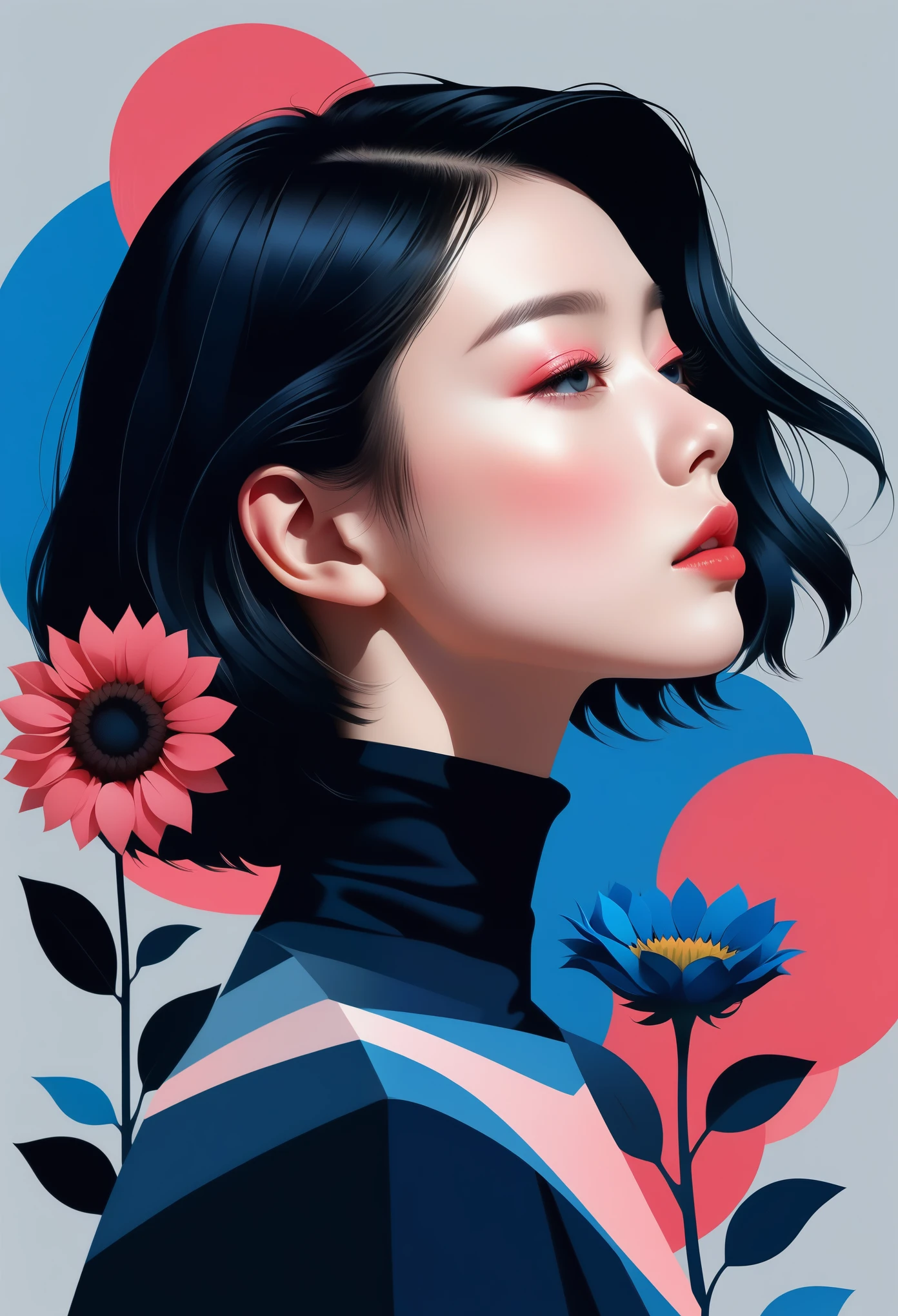 (((vector，flat form style，illustration，数字艺术illustration)))，1 girl，Unique，pretty face，profile，portrait，Shoulder，Black high neck，Geometric gradients，artistic conception，Abstract，Minimalism，minimalist lines，portrait，blue flower, flower, gradient, gradient background, grey background, pink flower, red flower, red rose, rose, solo, sunflower