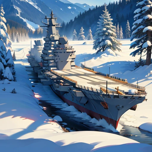 summer first snow sinking broken aircraft carrier on the shore of the bay coniferous forest snowy peaks many small details filigree professional photo HDR hyper detail realistic CGI high resolution quality precision clarity sharpness natural f/16 1/250s also 100mm 64К