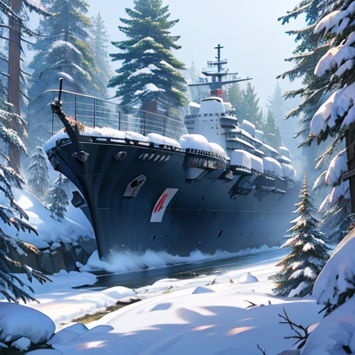 summer first snow sinking broken aircraft carrier on the shore of the bay coniferous forest snowy peaks many small details filigree professional photo HDR hyper detail realistic CGI high resolution quality precision clarity sharpness natural f/16 1/250s also 100mm 64К