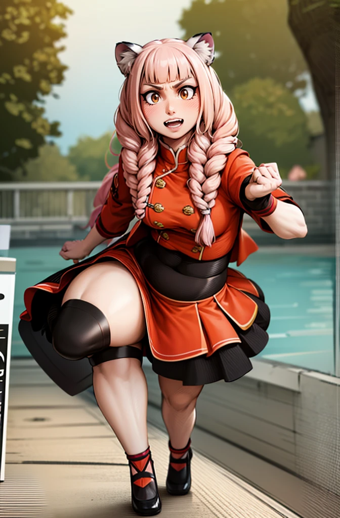 tiger ears, tiger tails, martial art, medium chest, pink hair, skirt, jacket, godess,1girl,coat,standing,, solo focus.1character,,refsheet, character focus, 1character,fangs, cloused mouth,pink hair, green eyes, chinese dress, tomboy,shoes, full body, martial pose karate, kemono mimi, solo focus,