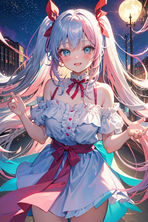 (rainbow colored hair, colorful hair, half silver、half pink hair: 1.2), ,long hair、(Cinematic digital artwork: 1.3), high quality, table top, Turquoise eyes、最high qualityの, Super detailed, figure, [4K digital art]!!、 Kyoto animation style,Turquoise eyes、 one woman, clavicleの美しさ, clavicle, light, want, blue sky, positive, Dead leaves dance、full moon、On a tree-lined street、taking a walk、((red、transparent silver dress sedan sexy clothes))、（（Scarlet、Polka dot unset, motivation, shine, dynamic perspective、Blue glasses、Green ribbon、twin tails、embarrassed face、cute face、happy face