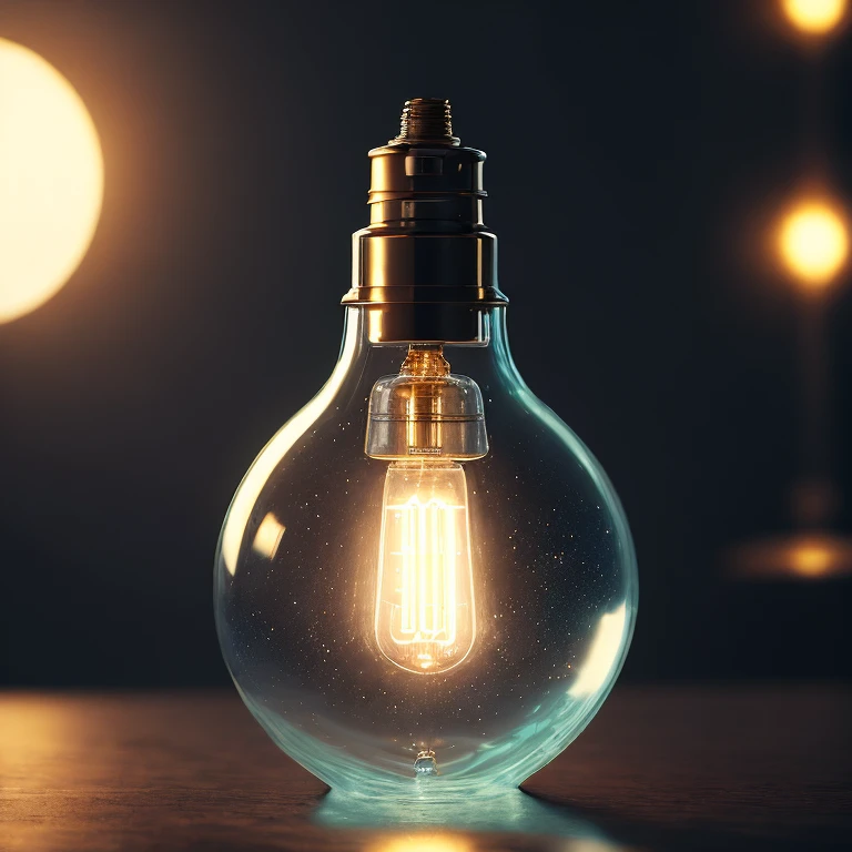 photographie de produit d'ampoule allumer style simple, fantasy made epic, Octane, atmosphère, particules, soft volumetric lights, (backlit:1.3), (cinematic:1.3), intricate details, (ArtStation:1.3)