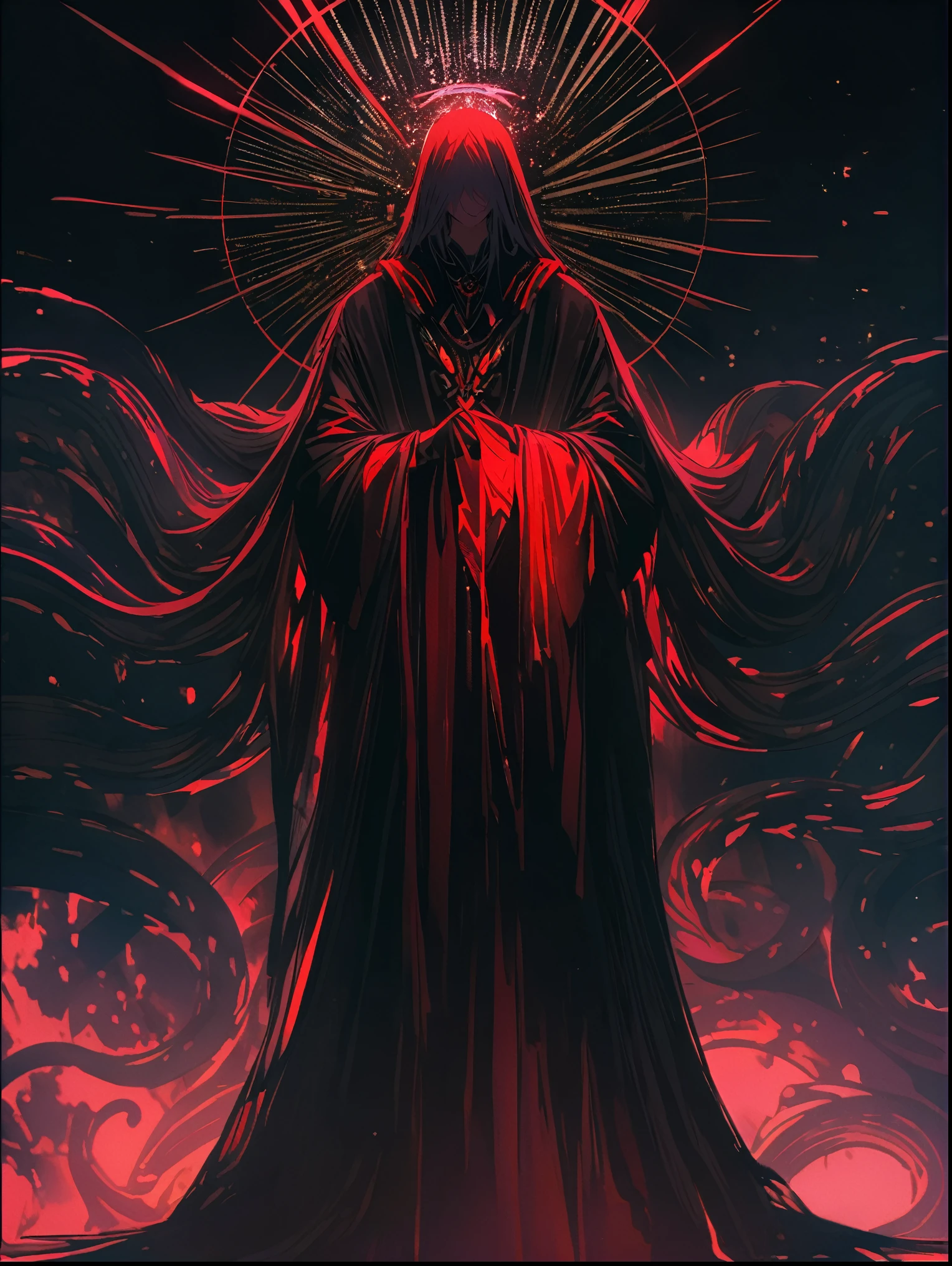 8K resolution, ((highest quality)), ((masterpiece)), ((super detailed)), (非常に繊細で美New), woman, black hair, long hair, black eyes, 美New, black robe, black tentacles, cthulhugod話, cthulhu, dark atmosphere, 悍まNew雰囲気, disaster々New雰囲気, god々New, whole body