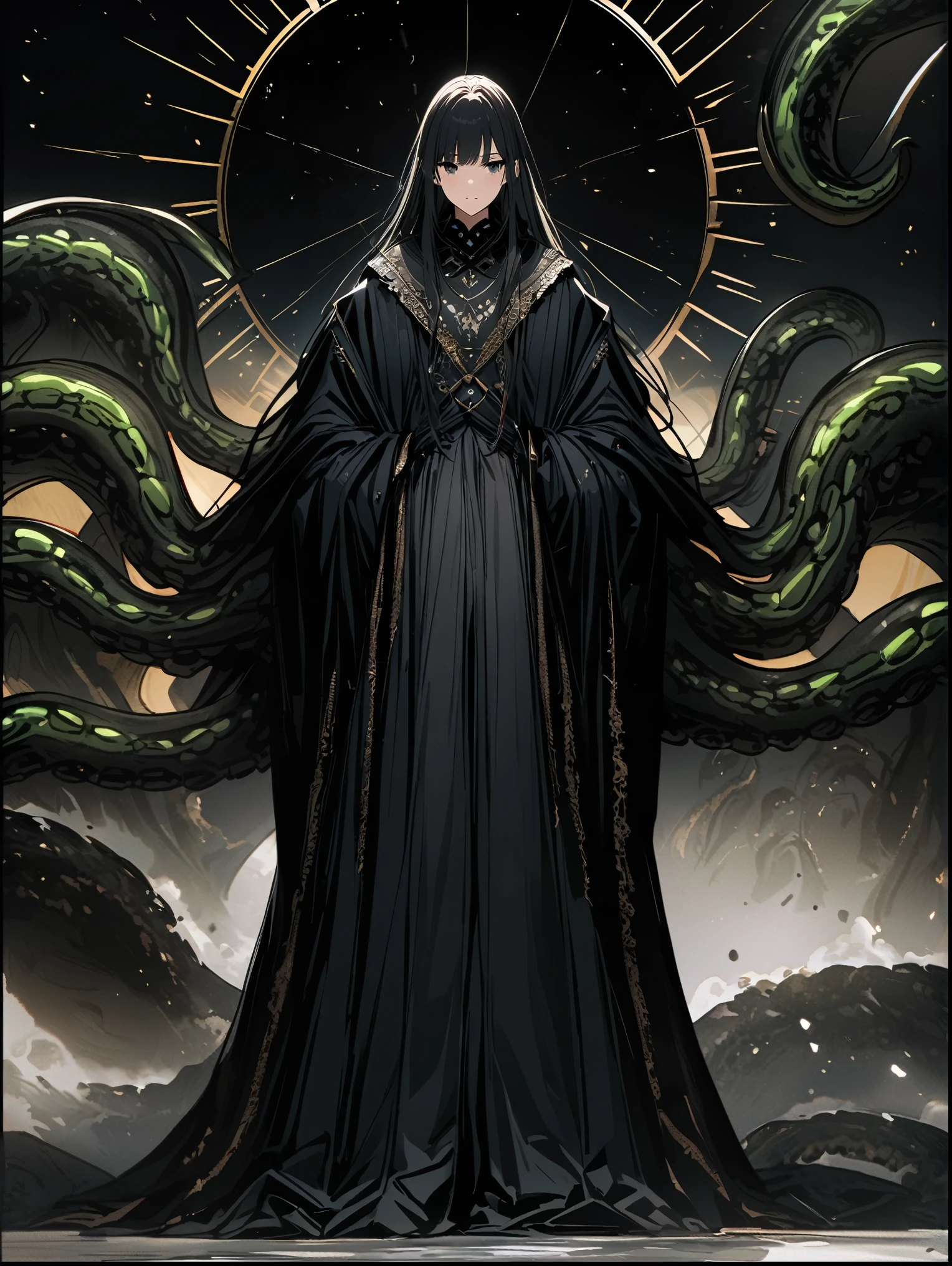 8K resolution, ((highest quality)), ((masterpiece)), ((super detailed)), (非常に繊細で美New), woman, black hair, long hair, black eyes, 美New, black robe, black tentacles, cthulhugod話, cthulhu, dark atmosphere, 悍まNew雰囲気, disaster々New雰囲気, god々New, whole body