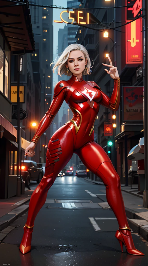 Mujer araffe con traje rojo de Flash posando en una calle de la ciudad, hero pose colorful city lighting, al estilo de dc, in the style germen de arte, germen de arte julie bell beeple, Chris Moore. germen de arte, pose poderosa, sociedad cg de cuerpo completo, by Eddie Mendoza, germen de arte moody photography, extremely detailed germen de arte