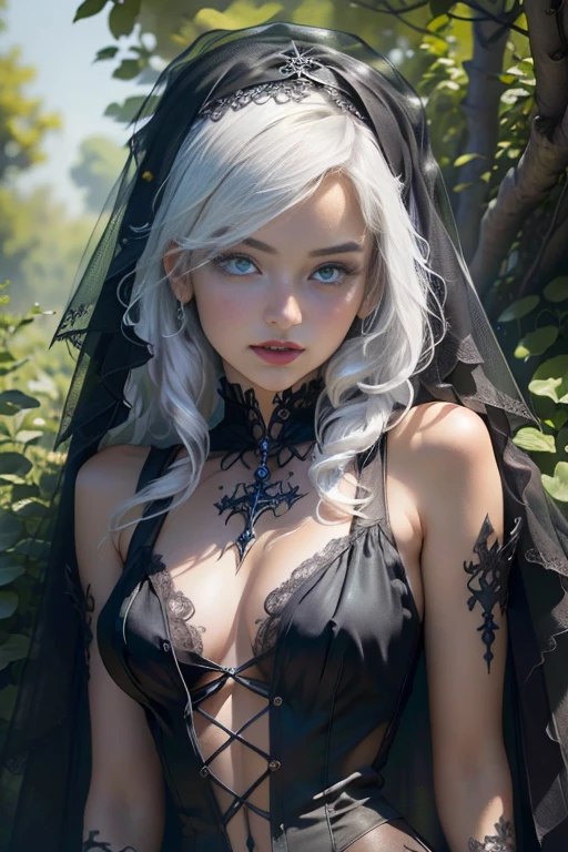 Beauty in white hair, with a veil, gothic wedding dress, Perfect proportions, (detailed eyes, eye correction), Girl posing for a photo, slim girl, (gothic decoration:1.5), Definition and sharpness of textures, under a tree on a hill, Full Body Shot, (Delicate images), (Raw photo: 1.4), (Photorealistic: 1.6), (Highly detailed), (high resolution), (Best quality), (masterpiece)