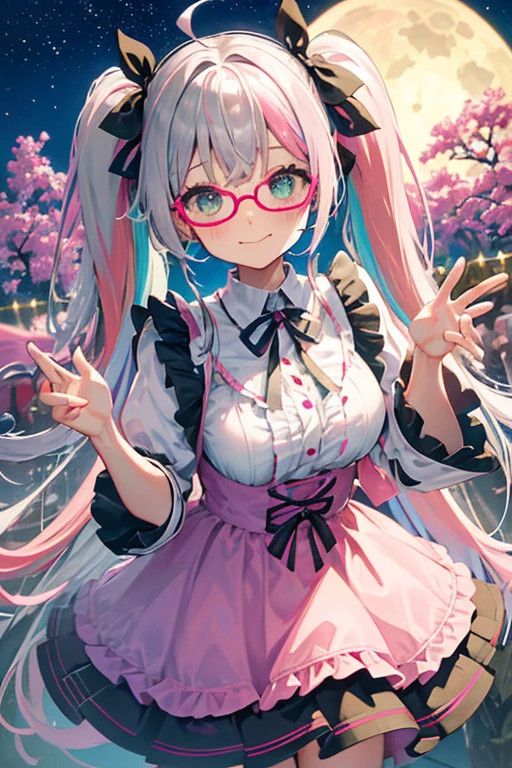 (rainbow colored hair, Glasses、colorful hair, half silver、half pink hair: 1.2), ,long hair、(Cinematic digital artwork: 1.3), high quality, table top, Turquoise eyes、最high qualityの, Super detailed, figure, [4K digital art]!!、 Kyoto animation style, one woman, clavicleの美しさ, clavicle, light, want, blue sky, positive, Dead leaves dance、full moon、See-through、（pink and yellow、Gothic ta)、scarlet polka dot unset, motivation, shine, dynamic perspective、青いGlasses、Green ribbon、twin tails、embarrassed face、cute face、happy face