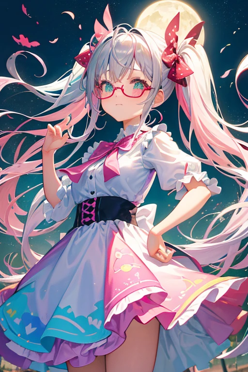 (rainbow colored hair, Glasses、colorful hair, half silver、half pink hair: 1.2), ,long hair、(Cinematic digital artwork: 1.3), high quality, table top, Turquoise eyes、最high qualityの, Super detailed, figure, [4K digital art]!!、 Kyoto animation style, one woman, clavicleの美しさ, clavicle, light, want, blue sky, positive, Dead leaves dance、full moon、See-through、（pink and yellow、Gothic Lolita)、scarlet polka dot unset, motivation, shine, dynamic perspective、青いGlasses、Green ribbon、twin tails、embarrassed face、cute face、happy face