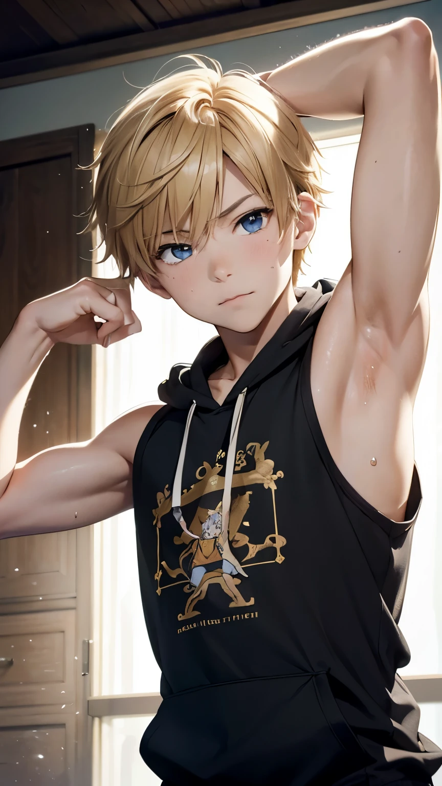 highres,Masterpiece, Best quality at best,Best Quality,hight quality, hight detailed, realistic, photorealistic, Anime style, 1boy, , indoor, Cheerful boy, indoor, Sleeveless hoodie, Blonde, (Showing armpit:1.3), Smooth armpit, Sweat, boy focus, Simple beckground