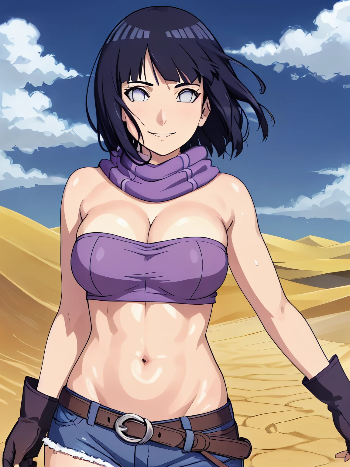 (hinata\(boruto\), (high quality, anime, tall, victory pose, minimum clothing), ((mini purple Bandeau top, mini purple Bandeau top, bandana)), ((fingerless gloves, blue shorts with belt, black scarf)), (stretching, both arms up high, bent elbows, (both armpits in full glory, very sweaty body, hairy armpit, leaning her head, very happy), curvy body, flat belly, extremely slim waist, broad shoulders. off-shoulders, big breasts, cleavage, groin lines, little biceps, smile), (posing in photoshoot), pale skin, ((floating hair, dark blue, short hair, hime cut، loose hair), (location: very hot desert)
