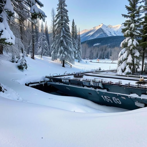 summer first snow sinking broken aircraft carrier on the shore of the bay coniferous forest snowy peaks many small details filigree professional photo HDR hyper detail realistic CGI high resolution quality precision clarity sharpness natural f/16 1/250s also 100mm 64К