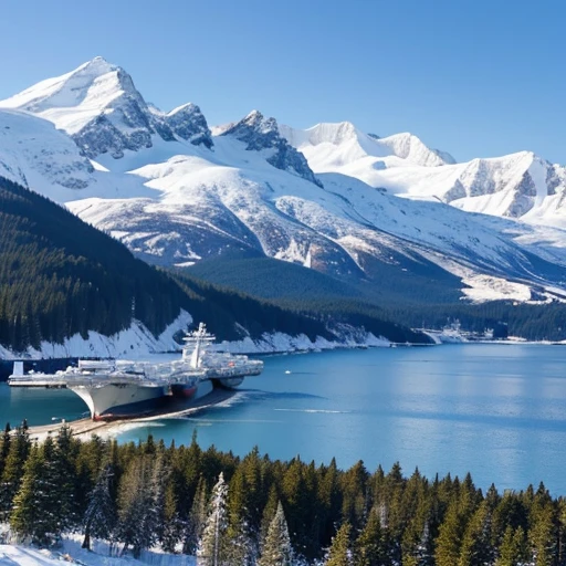 summer first snow sinking broken aircraft carrier on the shore of the bay coniferous forest snowy peaks many small details filigree professional photo HDR hyper detail realistic CGI high resolution quality precision clarity sharpness natural f/16 1/250s also 100mm 64К