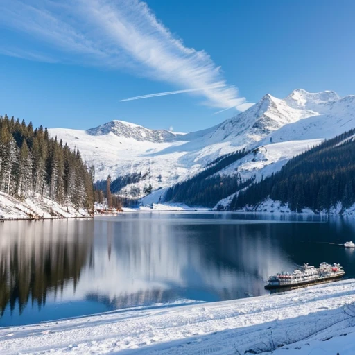 summer first snow sinking broken aircraft carrier on the shore of the bay coniferous forest snowy peaks many small details filigree professional photo HDR hyper detail realistic CGI high resolution quality precision clarity sharpness natural f/16 1/250s also 100mm 64К
