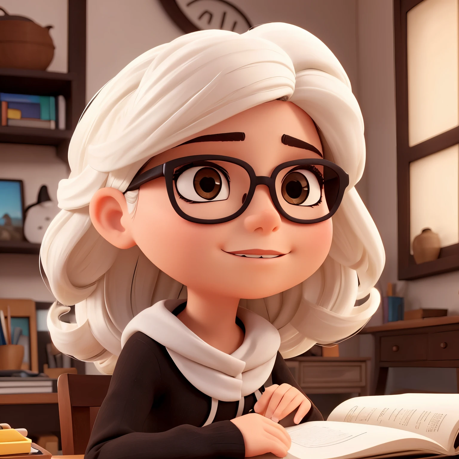 Mujer blanca, gruesa, lentes negros cuadrados, pelo largo de color negro, fondo escritorio porque es maestra, brown eyes
