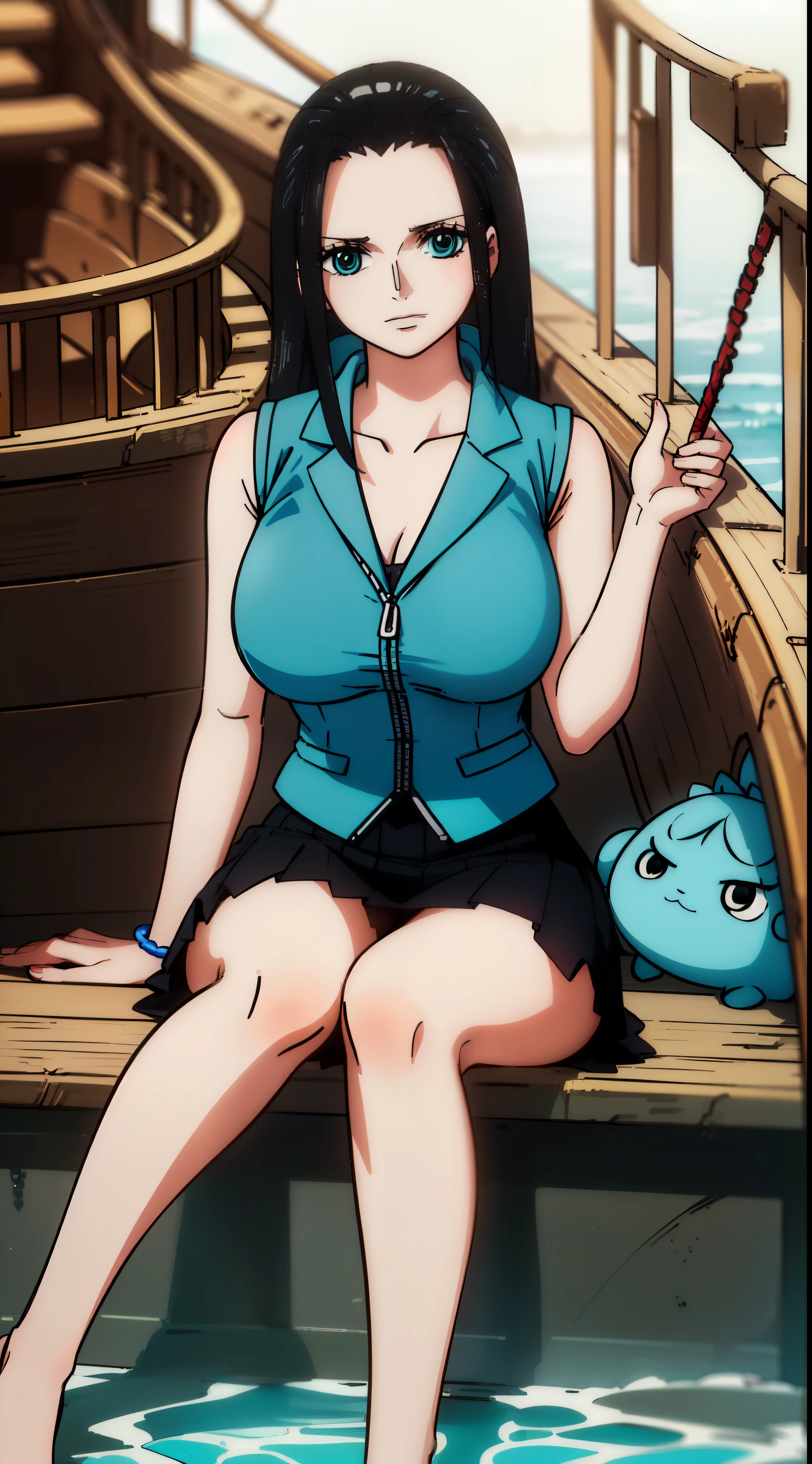 ((masterpiece, Best Quality, high resolution, Perfect Pixel, 8K))), ((1 girl、full body seen))、 ((Bangs、gorgeous black hairs、Nico Robin))、((Gorgeous black eye、Beautiful eyelashes、Realistic blue coloured eyes))、 ((Detailed face, Blushing:1.2))、((Smooth texture:0.75, Realistic texture:0.65, Photorealistic:1.1))、Dynamic Angle、(perfectly insanely detailed eyes、pink cheeks、((wearing blue leather vest、salmon sarong skirt、Sitting in the ship、background ocean))、mouth open、ultra realistic eyes、ultra insanely detailed eyes、talking to audience happily、(beautiful portrait、ultra high definition、 insanely detailed face、ultra high quality、ultra high clarity)、insanely detailed dress、curvy body、white skin、best clarity、ultra highest resolution、8k resolution、beautiful smile、beautiful eyelashes、gorgeous face、gorgeous representation of a face、perfect body、erotic look on face、dynamic lightning、(innocent big eyes)、Bright_Front_face_Lighting、shiny skin、Full body shot、
