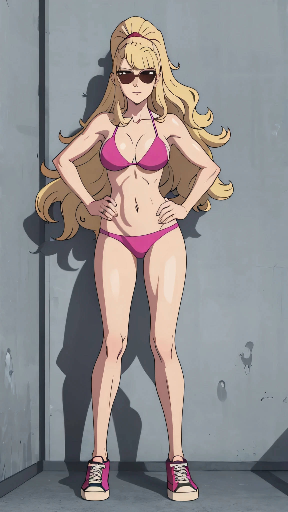 Masterpiece, best quality, Masterpiece, best quality, 1 woman, wavy blonde hair, sunglasses , sly face , pink bikini , abdomen, big breasts , Long legs ,canvas shoes , stand on your hips , wall , tall building