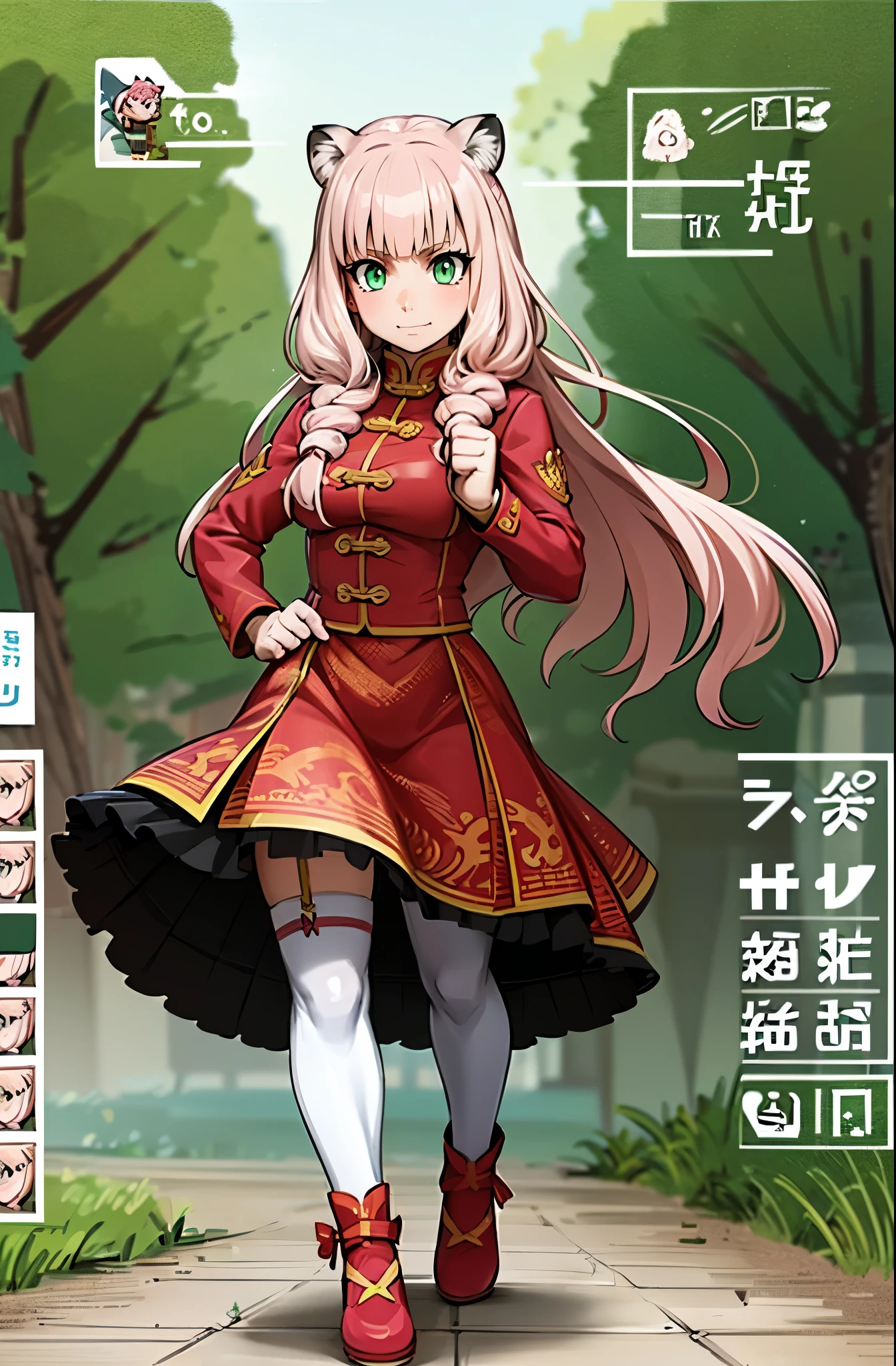 tiger ears, tiger tails, martial art, medium chest, pink hair, skirt, jacket, godess,1girl,coat,standing,, solo focus.1character,,refsheet, character focus, 1character,fangs, cloused mouth,pink hair, green eyes, chinese dress, tomboy,shoes, full body, martial pose karate, kemono mimi, solo focus,