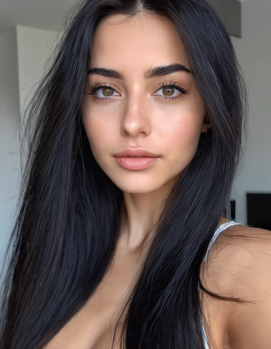 woman, 25 years old, ultra definition, (fotorrealista: 1.4), 8K, calidad premier, fondos detallados, cara delicada, maquillaje natural, foto cruda, iPhone, HDR, en lenceria, cabello negro, white skin, long hair, straight hair, Skinny body, black hair, senos medianos, ropa sexy