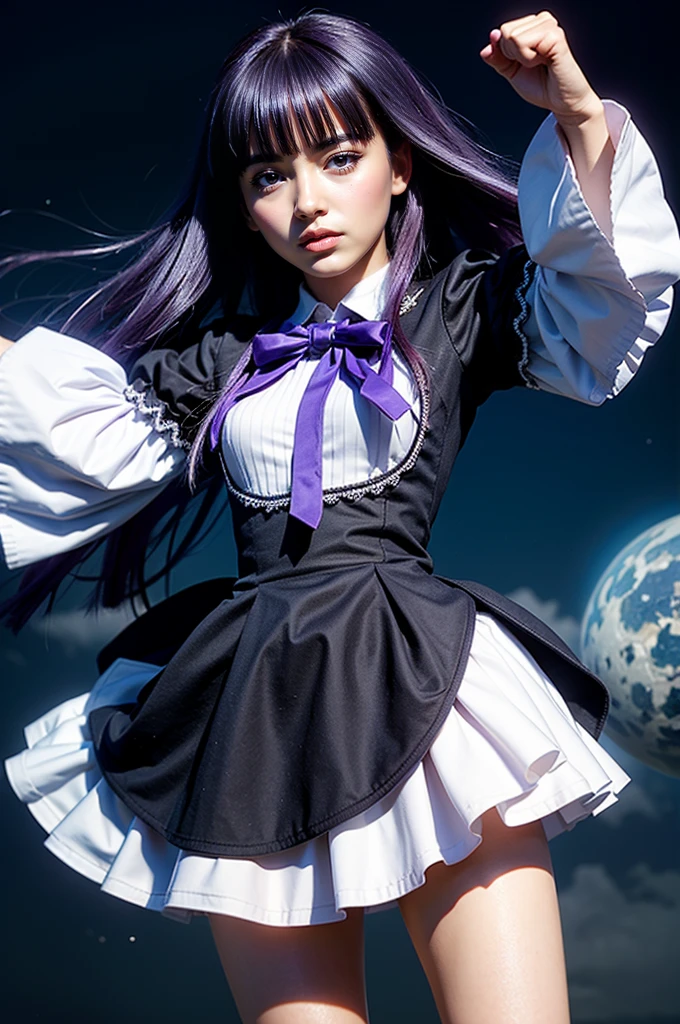 masterpiece,best quality,1girl,frederica bernkastel,purple hair,cat tail,tail bow,purple eyes,tail ornament,dress,bowtie,socks,expressionless,outstretched arms,outer space,surrounded by  floating crystal,cowboy shot,