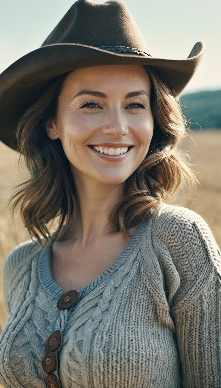 (RAW style, masterpiece, best quality, ultra-detailed), 35 year old woman posing outdoors, rural landscape, wearing cowboy hat, grey cable knitted sweater, medium-sized breasts, cheerful, happy (smiling), clear sky, analog style, (skin texture, film grain), cinematic light, sidelighting, ultra high res