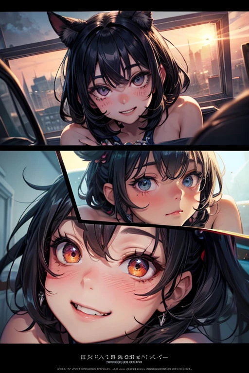black hair, hair bobbles, wince, longeyelashes, solid circle eyes, fake animal ears, light smile, ear blush, fang, Surrealism, drop shadow, anaglyph, stereogram, tachi-e, pov, atmospheric perspective, Conceptual art, Conceptual art, Gothic art, Contemporary art, diffraction spikes, diffraction spikes, three sided view, first-person view, framed, reference sheet, fake scrollbar, 8k, super detail, ccurate, best quality, textured skin, super detail, high details, award winning, 8k, masterpiece