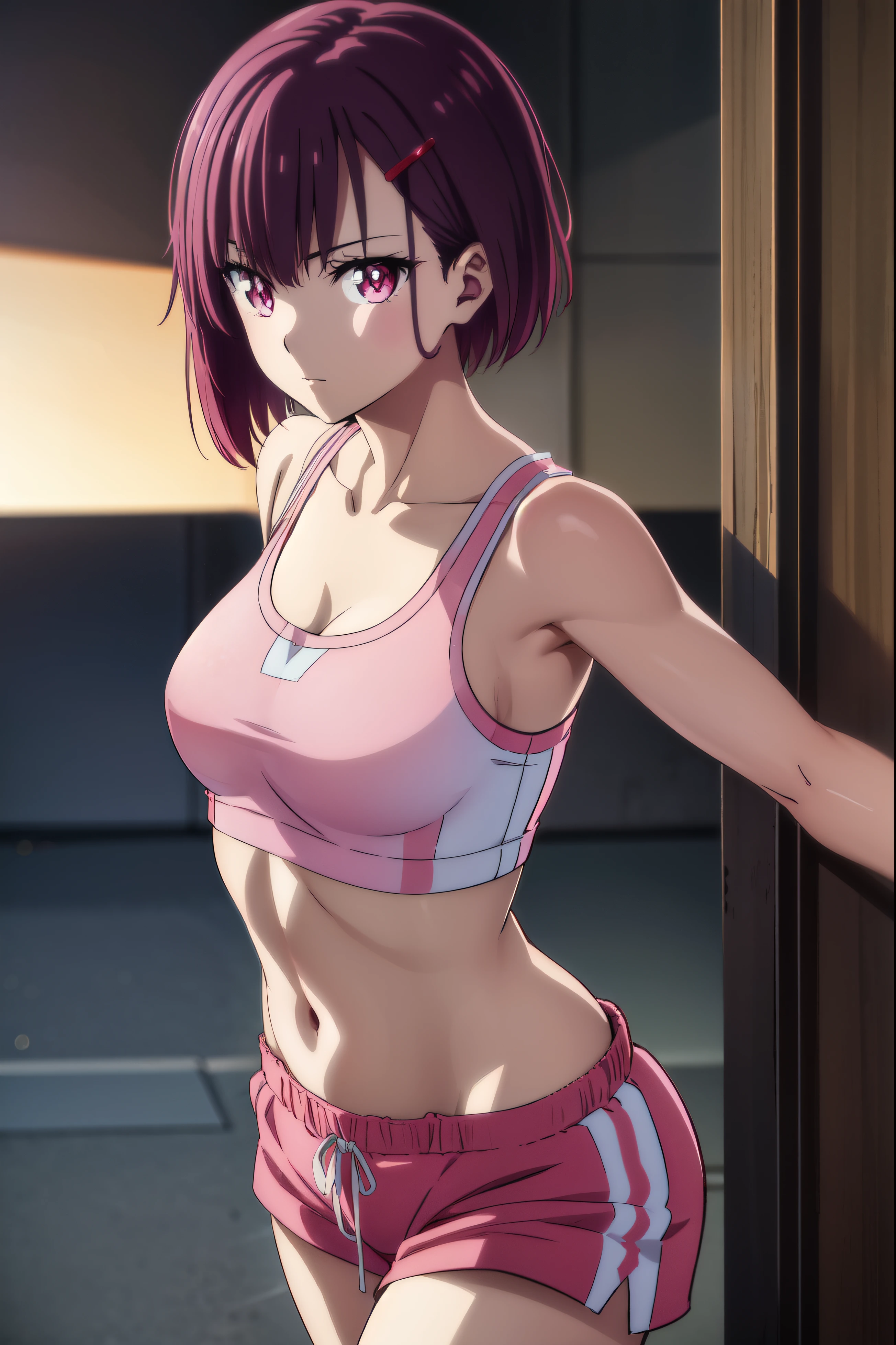 Shizuka Mikazuki, Mikazuki Shizuka, short hair, purple hair, hair accessories, hairpin, (pink eyes:1.5), Scan your bangs,
rest navel, Good at sports, sportswear, shorts, pink shorts,
rest looking at viewer,
rest outdoors,
rest (masterpiece:1.2), best quality, High resolution, unified 8k wallpaper, (illustration:0.8), (Beautiful and delicate eyes:1.6), extremely detailed face, perfect lighting, Extremely detailed CG, (perfect hands, perfect anatomy),
