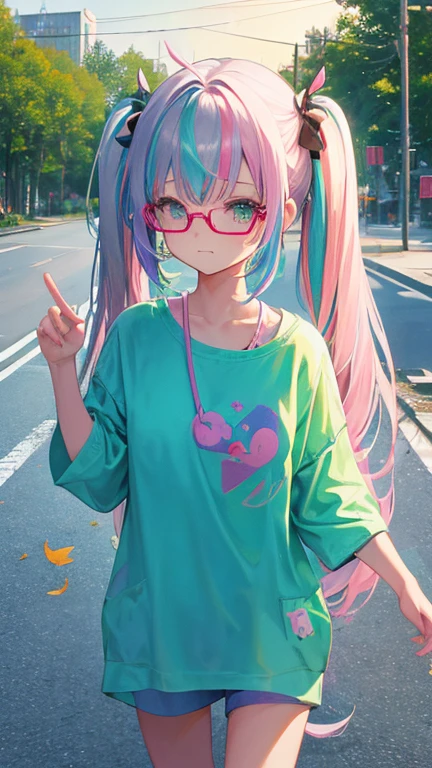 Glasses、(rainbow colored hair, colorful hair, half silver、half pink hair: 1.2), ,long hair、(Cinematic digital artwork: 1.3), high quality, table top, Turquoise eyes、最high qualityの, Super detailed, figure, [4K digital art]!!、 Kyoto animation style, one woman, clavicleの美しさ, clavicle, light, want, , positive, Dead leaves dance、（Ocean、sandy beach）、full moon、On a tree-lined street、taking a walk、((green、trendy clothes))、（（white、chest is visible、sexy、see-through one-piece swimsuit、Polka dot unset, motivation, shine, dynamic perspective、青いGlasses、green色リボン、twin tails、embarrassed face、cute face、happy face