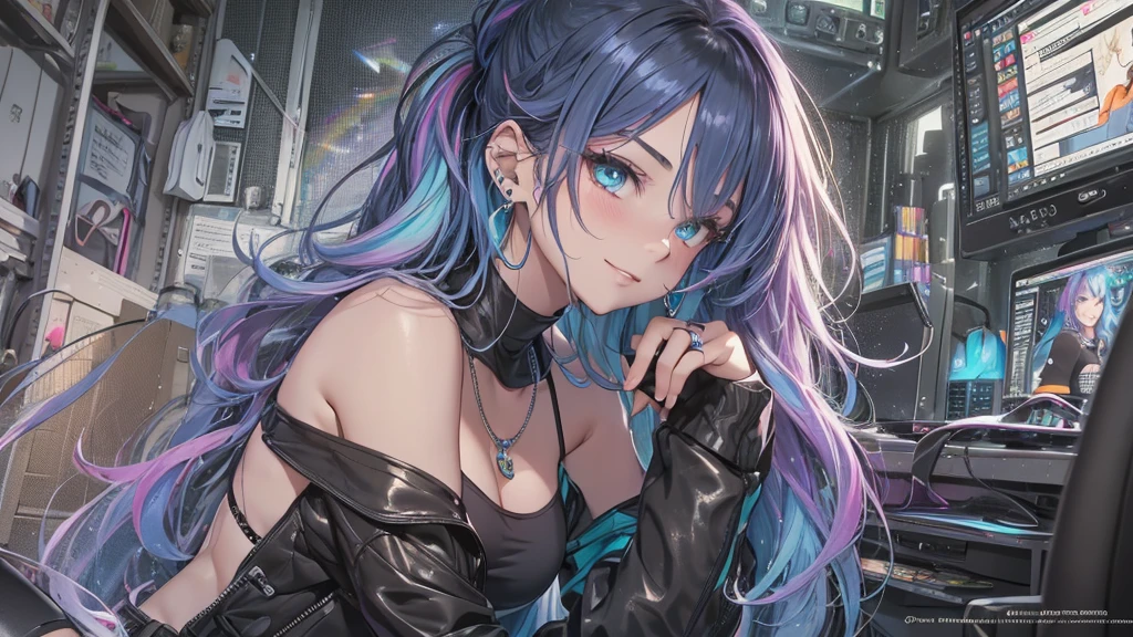 highest quality, Best image quality, girl, 20 years old, medium bust, plump breasts, sparkling amber eyes, aqua eyes, eye reflection, long upper lashes, (((rainbow hair))), long messy hair, Wavy, Top ponytail, ((Black  sexy strapless short tube top)), leather jacket, (white denim hot pants), ((Black thigh socks)), Smile, glowing headphones, Diamond earrings, wristband, necklace, ring, ((squat on the chair)), in front of a computer, Playing video games, Leaning forward, Open one shoulder, elated, naughty face, Look at the computer, light blush, beautiful art, background((Hacker Room, Server room, neon lights, braces, notebook)), flight, Debris flying, writing border depth, Movie, visual art, Perfect art, real, Verism, anime style, glowing light, cinematic lighting, chiaroscuro, ray tracing, 8K, masterpiece, super textured skin, super detail face, perfect face, Super fine facial details, beautiful and delicate eyes, perfect eyes, correct limbs, correct figner, super detail figner, best hair quality, best clothing quality, best prop quality
